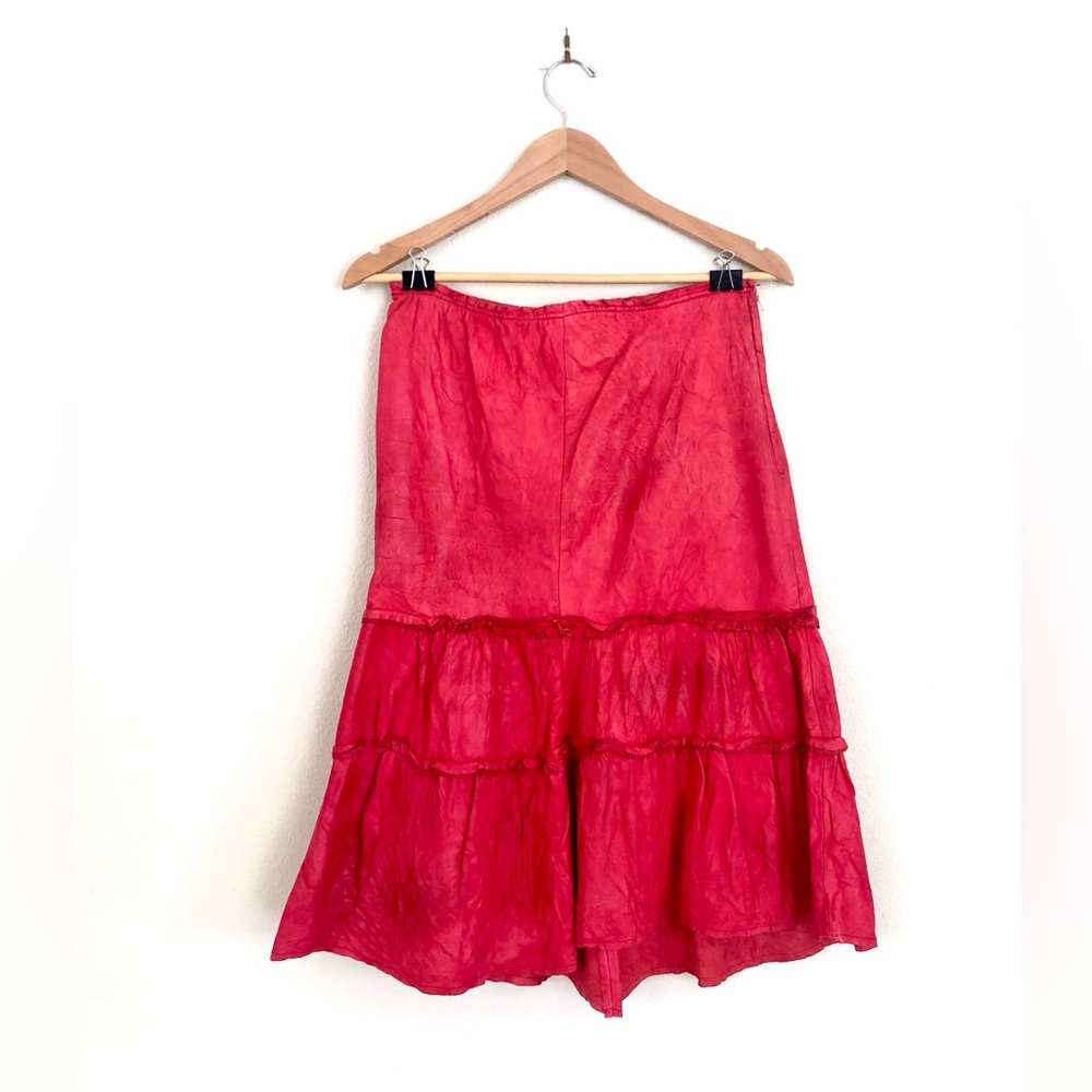 Vintage COMME DES GARCONS A/W 2005 Distressed Leather Tiered Midi Skirt in Red